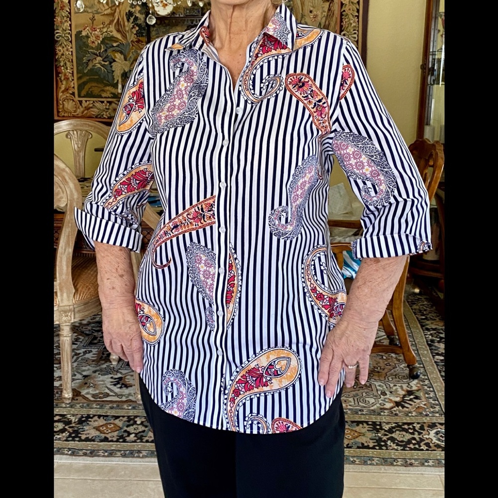 Chico’s No Iron Button Down Long Blouse Stripe